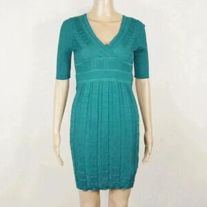 M Missoni Chevron Knit Half-Sleeve V-Neck Wool Blend Blue Dress